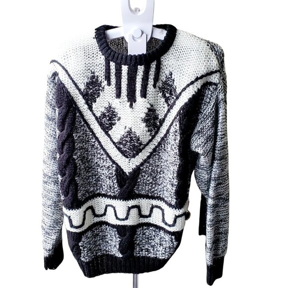 𝅺VINTAGE forum black white hand-knitted chunky Crew Neck Women's Sweater Size L - Picture 4 of 8